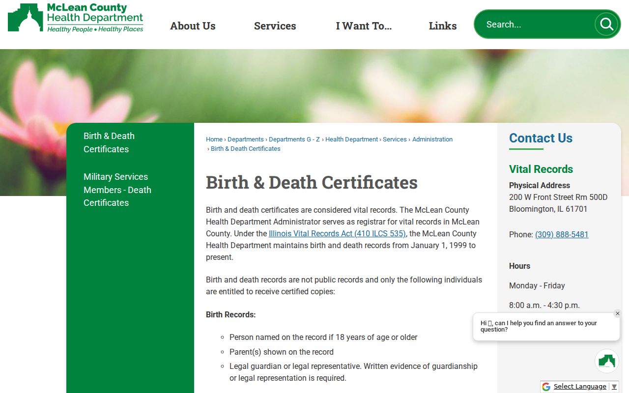 Bloomington residents directory vital records access