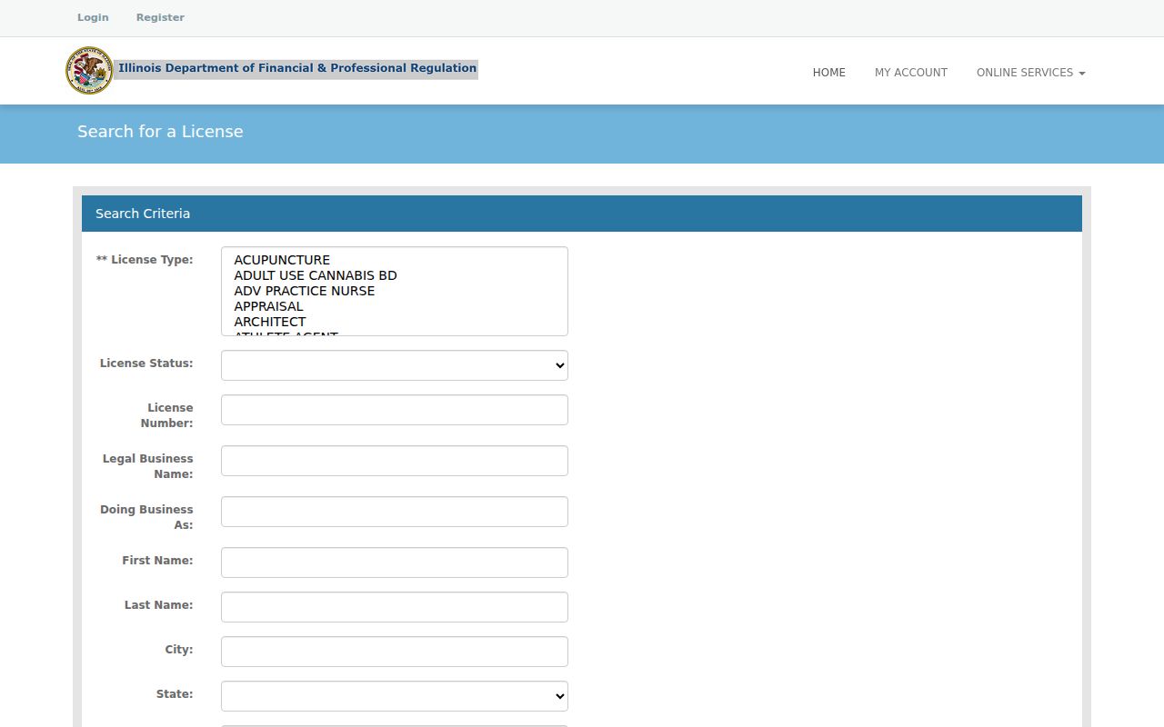 Bloomington resident lookup Illinois professional license search