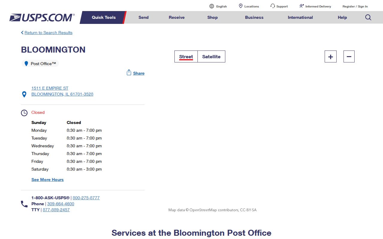 Official USPS listing for the Bloomington Post Office